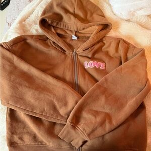 Old Navy Brown Hoodie with Love Patch- youth size XL (14-16) Worn once!!!